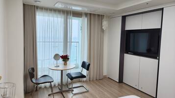 Desk, laptop workspace, blackout drapes, free WiFi