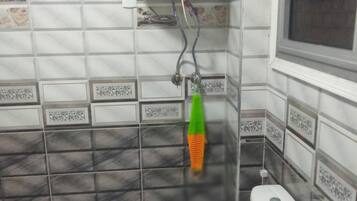 Hair dryer, towels, soap, toilet paper