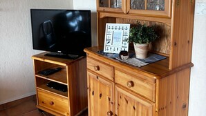 Un mueble de madera con puertas de cristal que contiene cristalería, un televisor sobre un soporte de madera y una pequeña planta en maceta.
