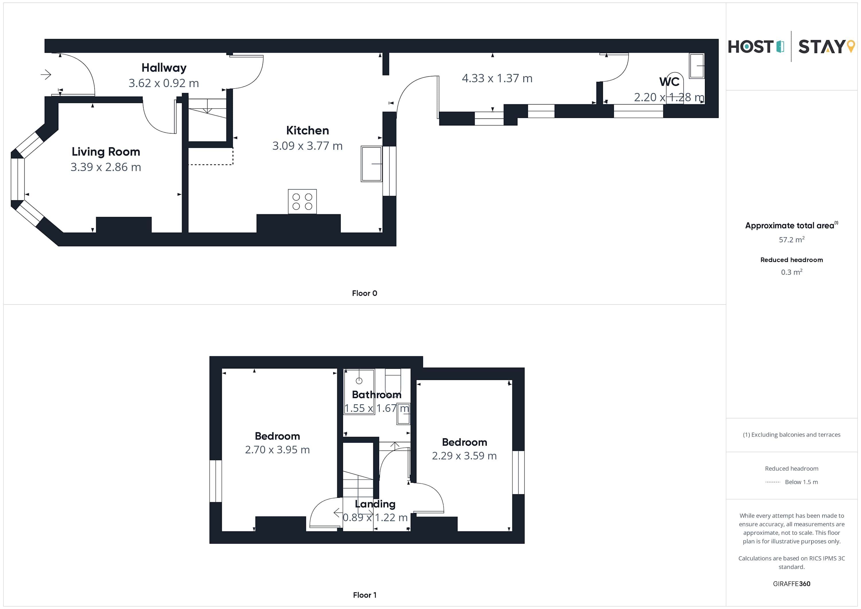 A floor plan of a hotel with a living room, kitchen, hallway, and two bedrooms.