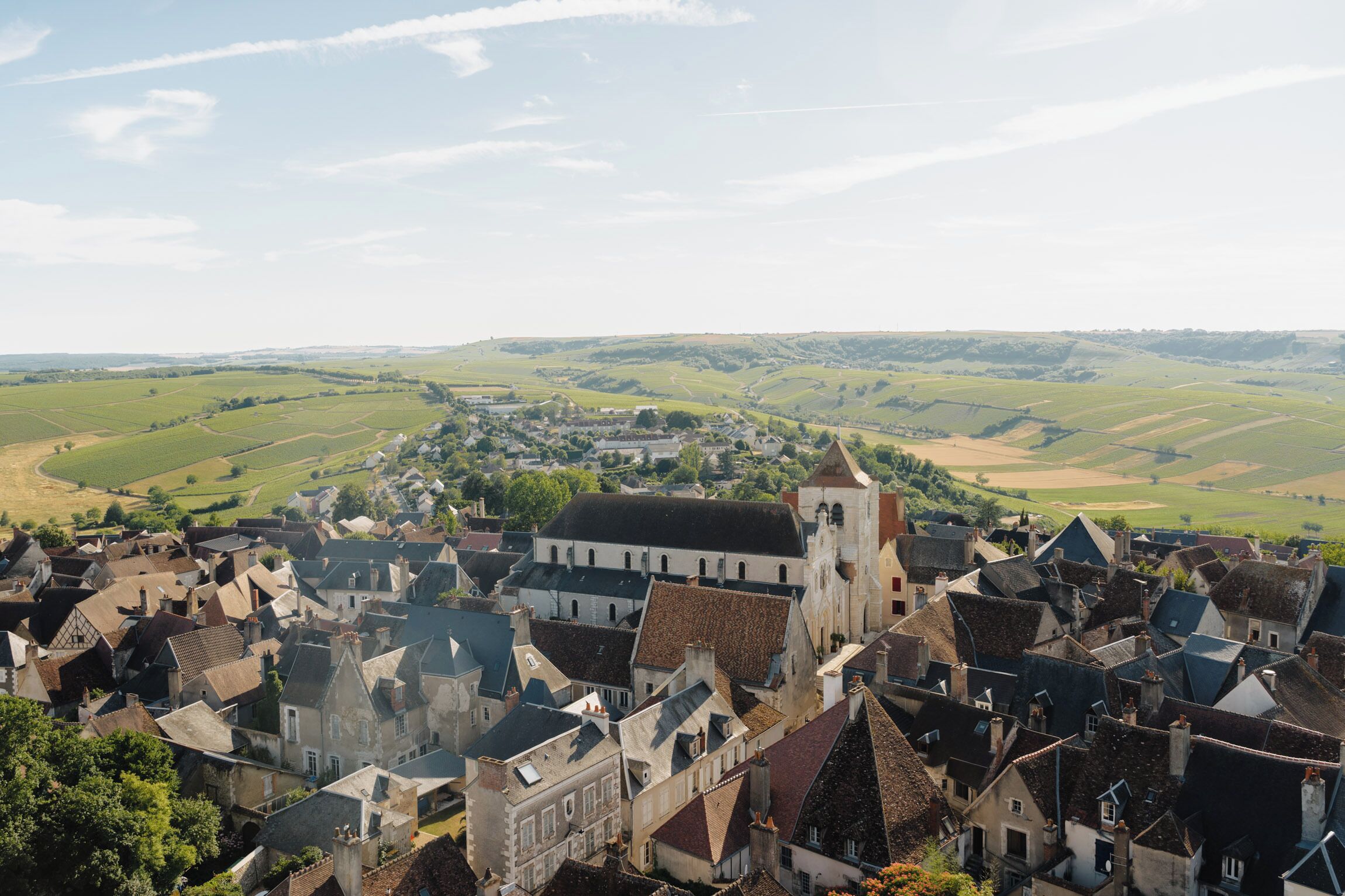 A historic town with a prominent church and surrounding buildings.