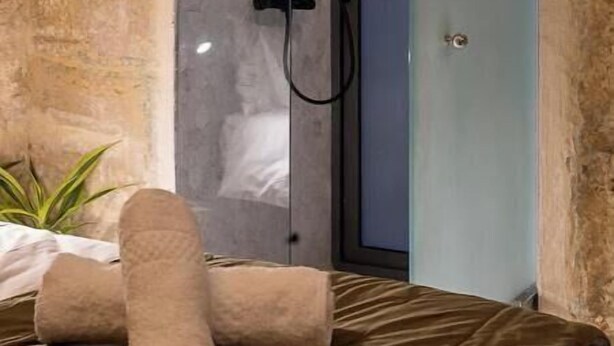 A modern bathroom with a glass shower enclosure, a towel rack, and a bed with a brown bedspread. - Zekka House (Valletta)