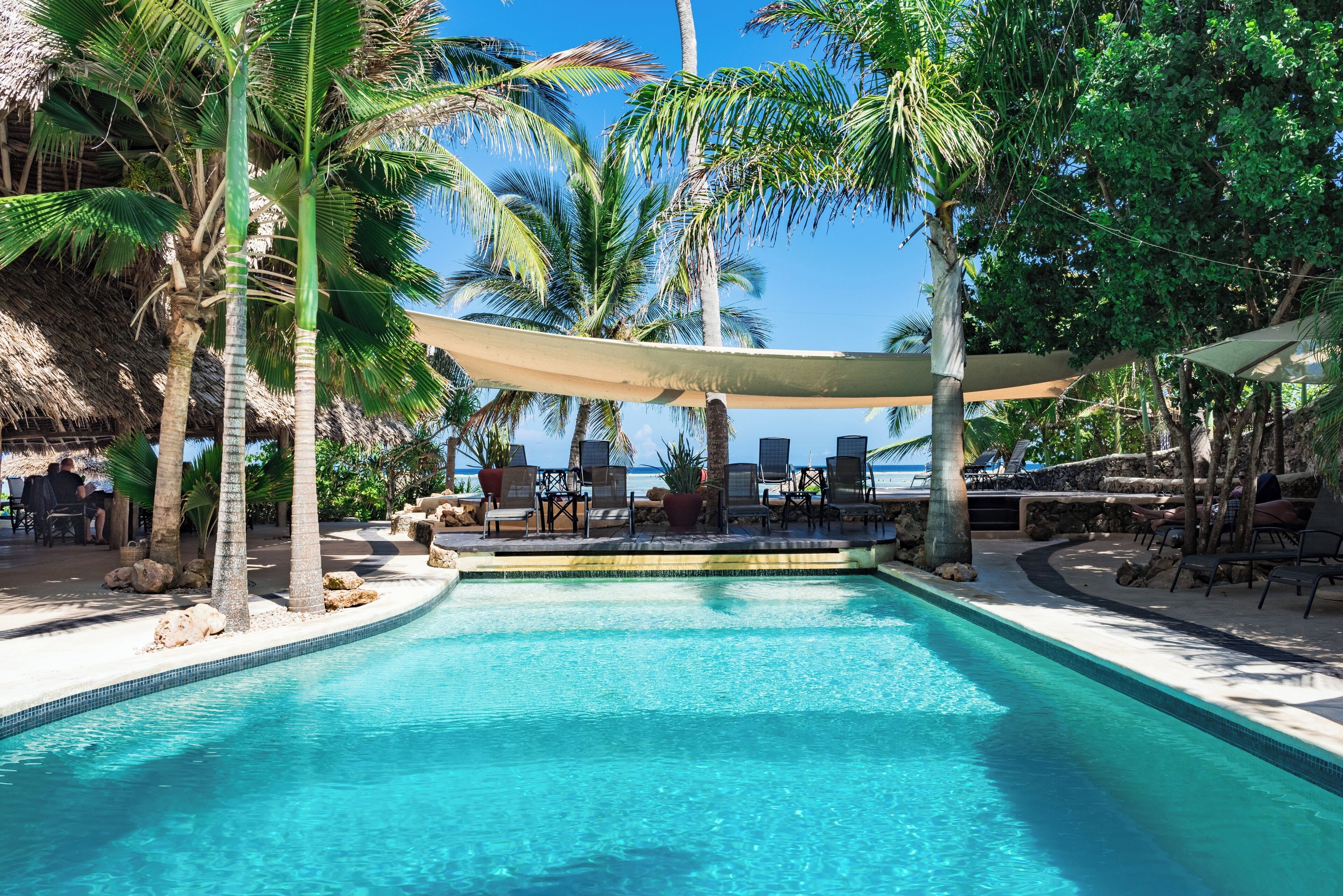 A pool area with lounge chairs, palm trees, and a clear blue pool.