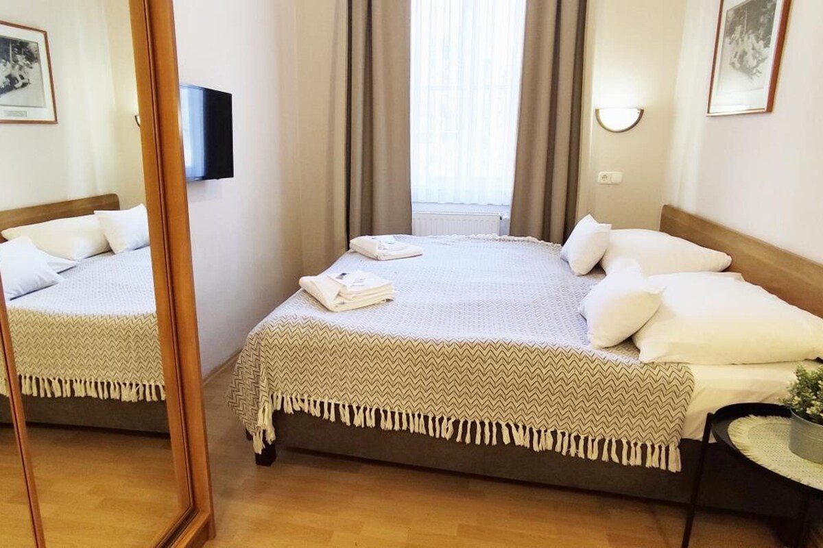 A hotel room with two beds, a television, a small table with a plant, and a mirror.