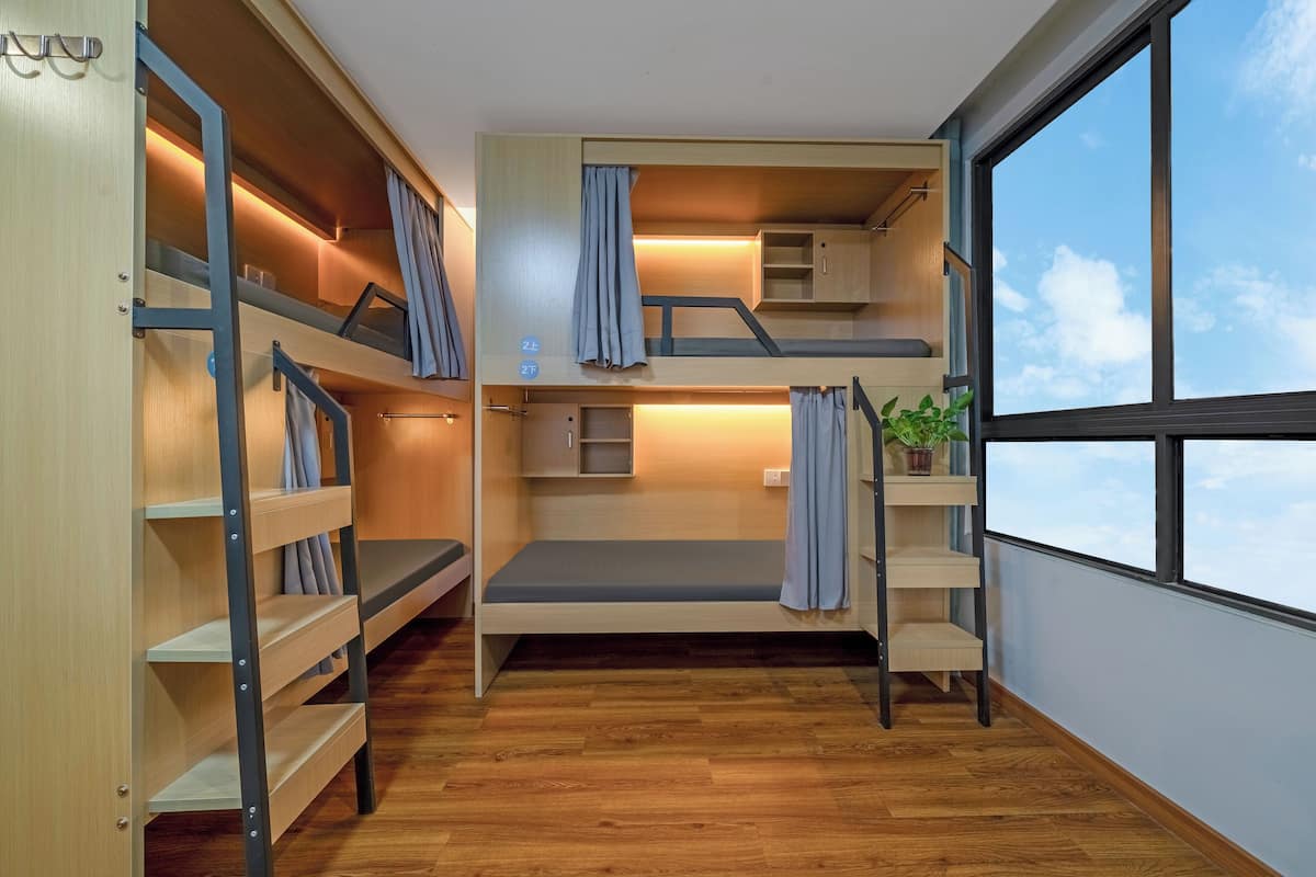 Een slaapkamer met stapelbed, houten vloer, raam met uitzicht op de lucht en een klein plankje met een plantje.