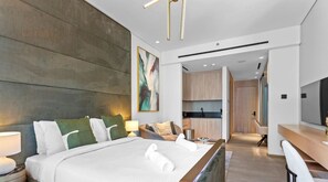 1 bedroom, desk, iron/ironing board, travel crib