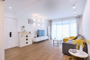 Comfort Apartment, 3 Bedrooms, Kitchen, City View | Living area | 63-inch LCD TV with digital channels - Tyms 3BR 2BA Apt Near Stadium Line 1 4 (Shanghai)