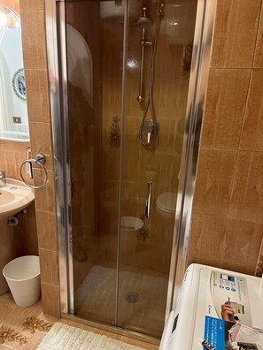 Shower, hair dryer, bidet, towels