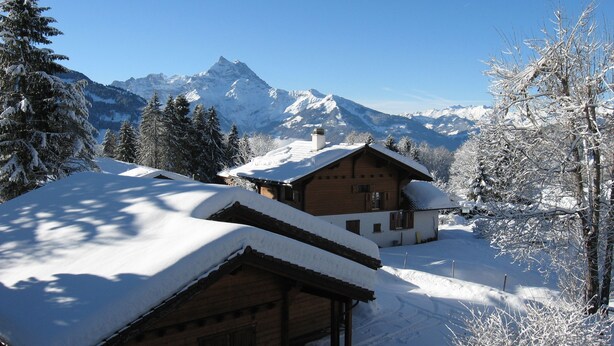 Eine Holzhütte mit schneebedecktem Dach, umgeben von schneebedeckten Bäumen und Bergen im Hintergrund.
