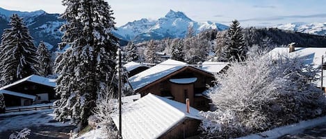 A snow-covered mountain lodge with wooden cabins, surrounded by snow-laden trees and mountains in the background.