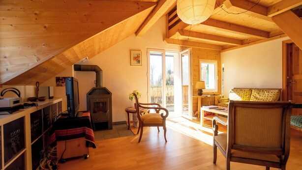 A cozy wooden interior with a fireplace, a dining area, and a seating space.