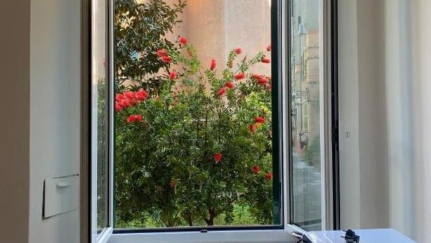 A window with a view of a garden with red flowers. - Apartment within walking distance of the Vatican Museums. Central and served by transportation and metro (Roma)