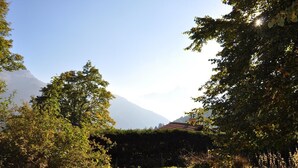 A rural landscape with a house surrounded by trees and a mountain in the background.