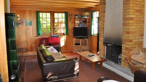 A cozy living room with a fireplace, wooden walls, a sofa, a television, and a small table.