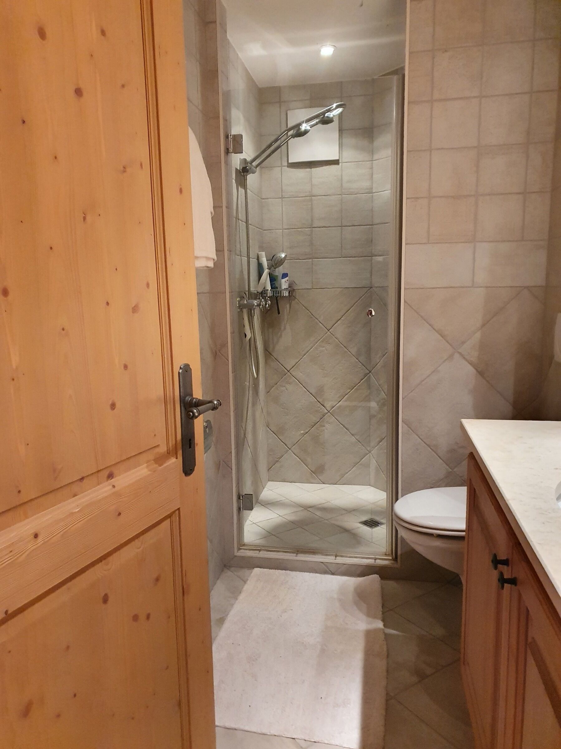 Ein Badezimmer mit Duschkabine, Toilette und Holzausstattung.