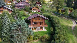 A wooden chalet with a balcony, surrounded by lush greenery and a winding path.