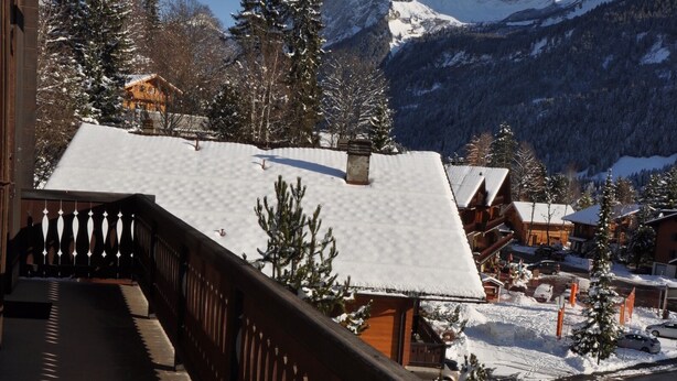 Un balcon offrant une vue sur des montagnes enneigées et un bâtiment en bois dont le toit est recouvert de neige.