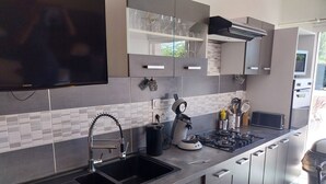 Ett modernt kök med en dubbeldiskho, vitvaror i rostfritt stål och en platt-TV som är monterad ovanför bänkskivan.