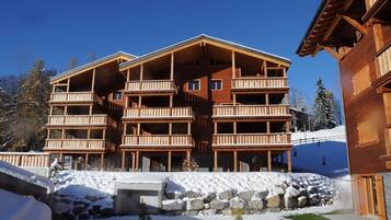 Un chalet en bois à plusieurs étages, doté de balcons, qui se dresse sur fond de paysage enneigé.