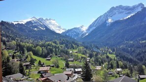 A mountain village with houses and a valley.