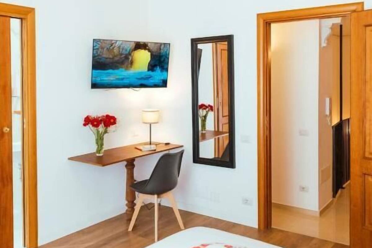 Un dormitorio con cama, escritorio, silla, televisor y espejo.