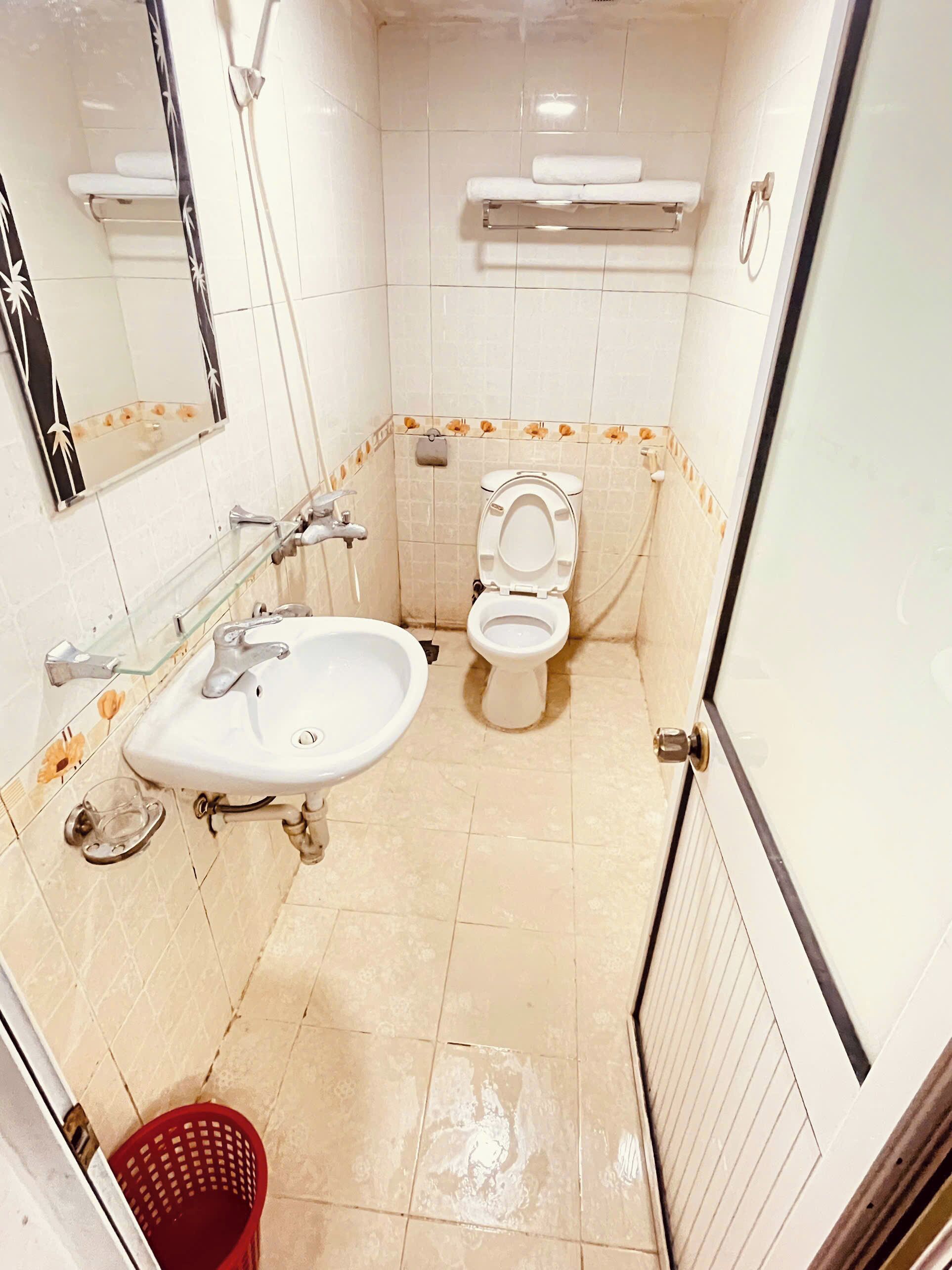Une salle de bain avec un lavabo, des toilettes et un miroir.