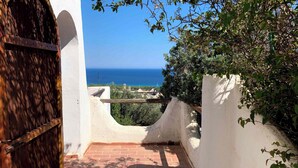 Vista desde un balcón con puerta de madera, suelo de ladrillo y pared blanca.