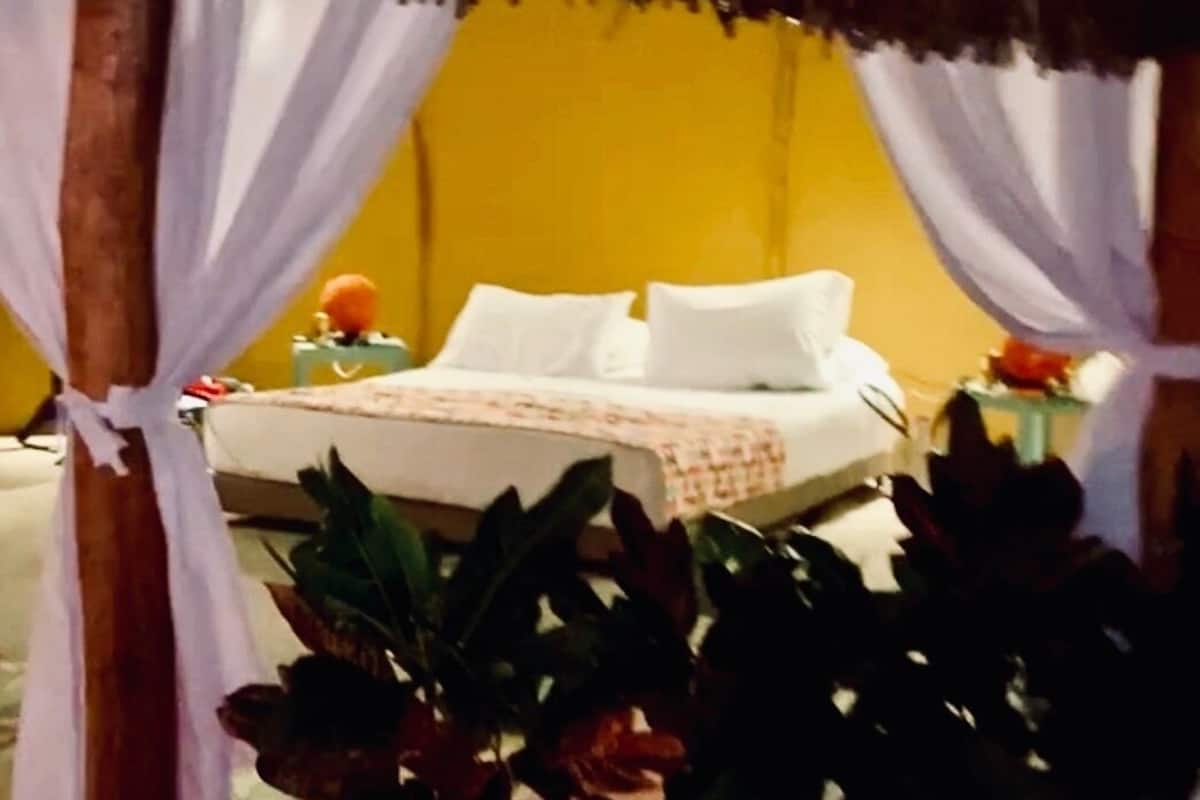 Una cama con sábanas blancas y una mesita de noche con una lámpara y un frutero.