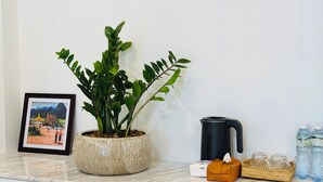 A kitchen counter with a potted plant, a framed picture, a kettle, a tissue box, and water bottles. - Vanida Hotel (Vientiane)