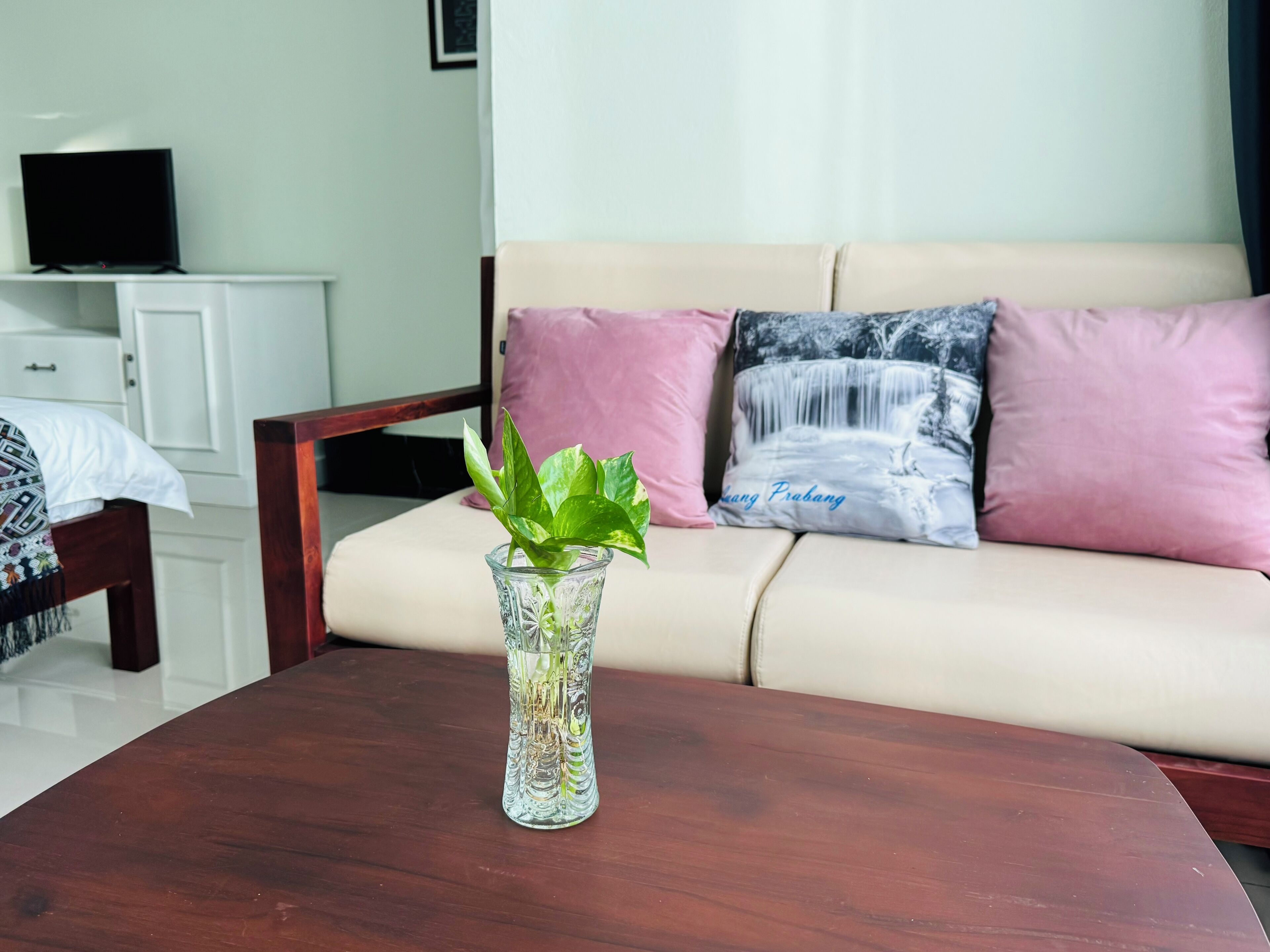 A living room with a sofa, a coffee table, a TV, and a cabinet.