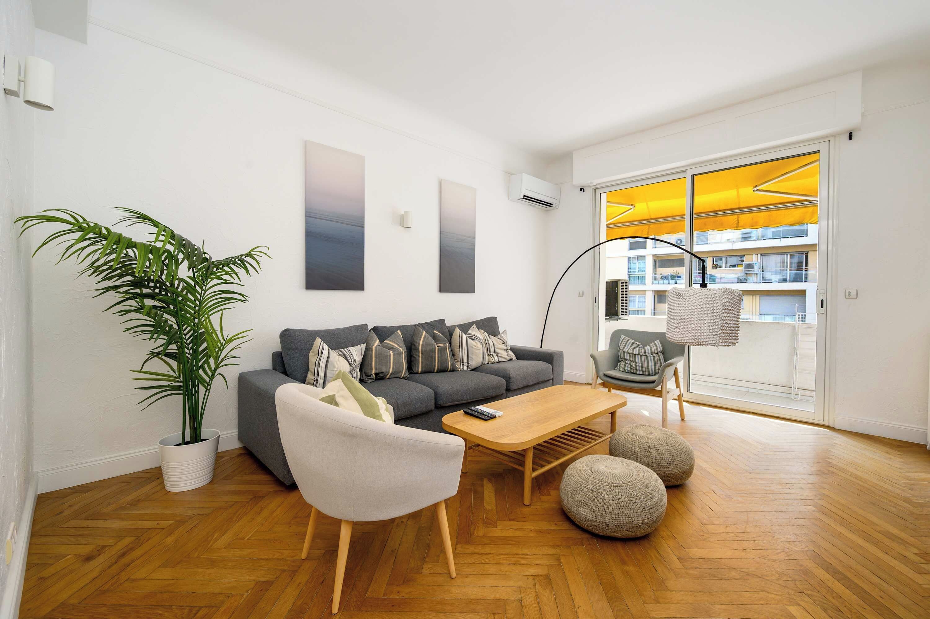 A modern living room with a grey sofa, a coffee table, and a potted plant.