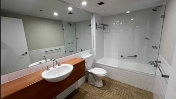 Hair dryer, towels, toilet paper