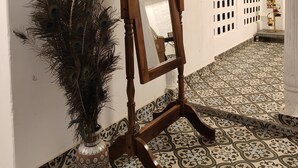 Una habitación con un caballete de madera sosteniendo un espejo, un jarrón decorativo con plumas de pavo real y baldosas de suelo estampadas.