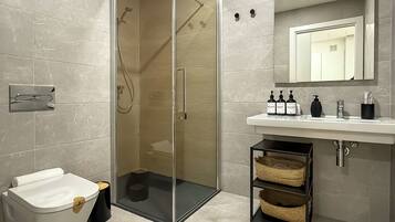 Hair dryer, towels, soap, toilet paper