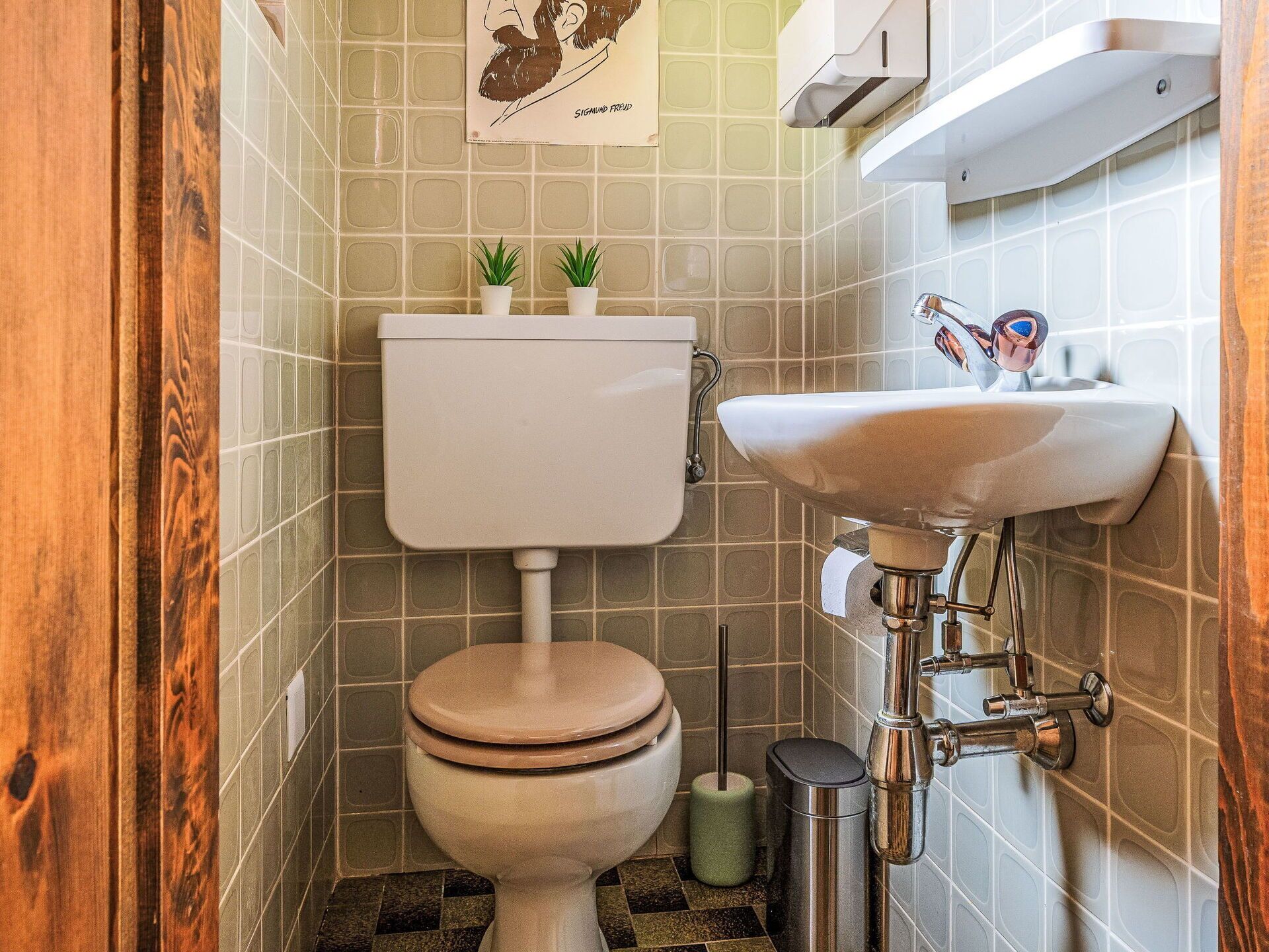 Ein kleines Badezimmer mit Toilette, Waschbecken und zwei kleinen Topfpflanzen an der Wand.