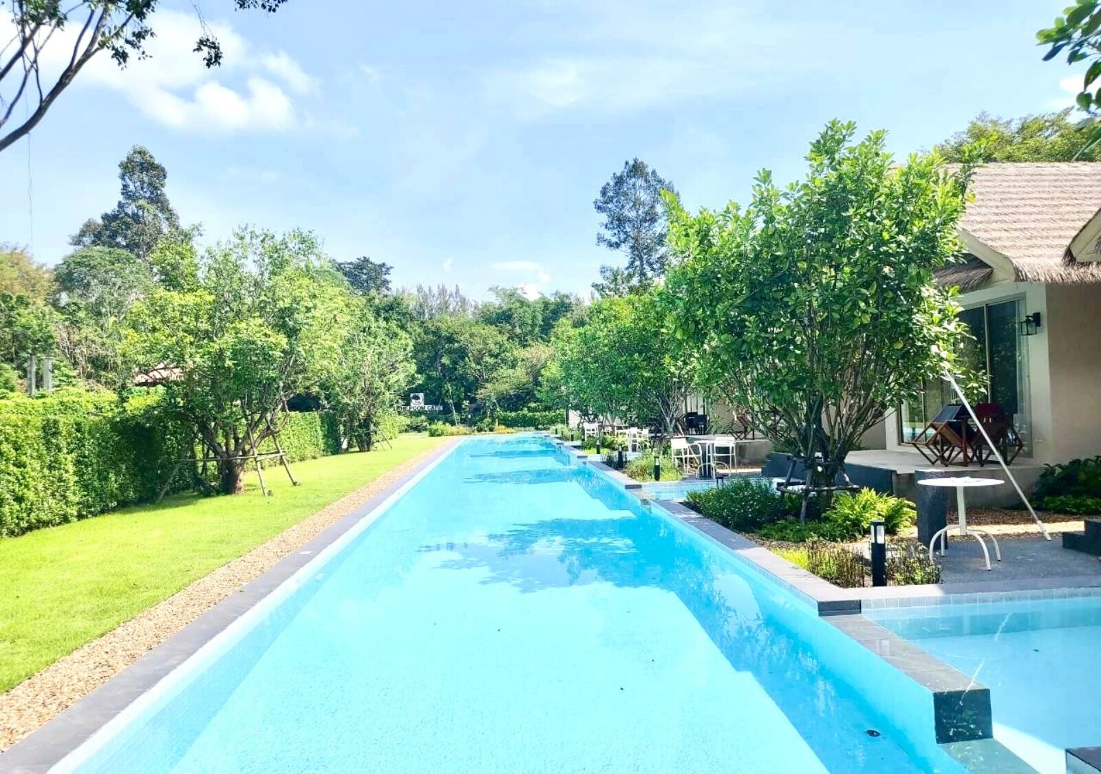 A swimming pool with a clear blue water, surrounded by lush greenery and a building with a thatched roof.