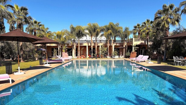 A rectangular swimming pool with lounge chairs and umbrellas, surrounded by palm trees and a building with columns. - Palais Bohemia (Zouhria)