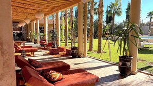 A covered outdoor seating area with red cushioned sofas, potted plants, and a view of a pool and palm trees. - Palais Bohemia (Zouhria)