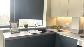 Een moderne keuken met een ingebouwd spoelgedeelte, donkere kastjes en een raam met uitzicht.
