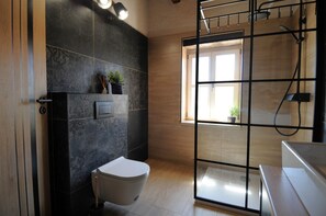 Shower, hair dryer, towels, toilet paper