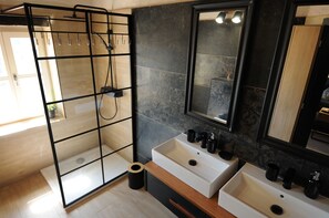 Shower, hair dryer, towels, toilet paper