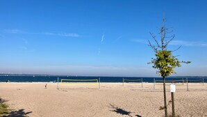 A beach volleyball court with a net, a tree, and the ocean in the background. - FeWoHuett - cozy vacation home in the Hüttener mountains near the Baltic Sea (Brekendorf)
