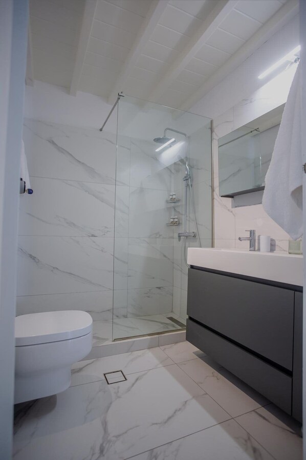 A modern bathroom with a glass-enclosed shower, a white toilet, and a vanity with a mirror.