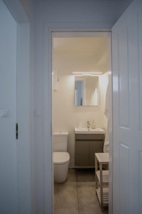A modern bathroom with a toilet, sink, and mirror.