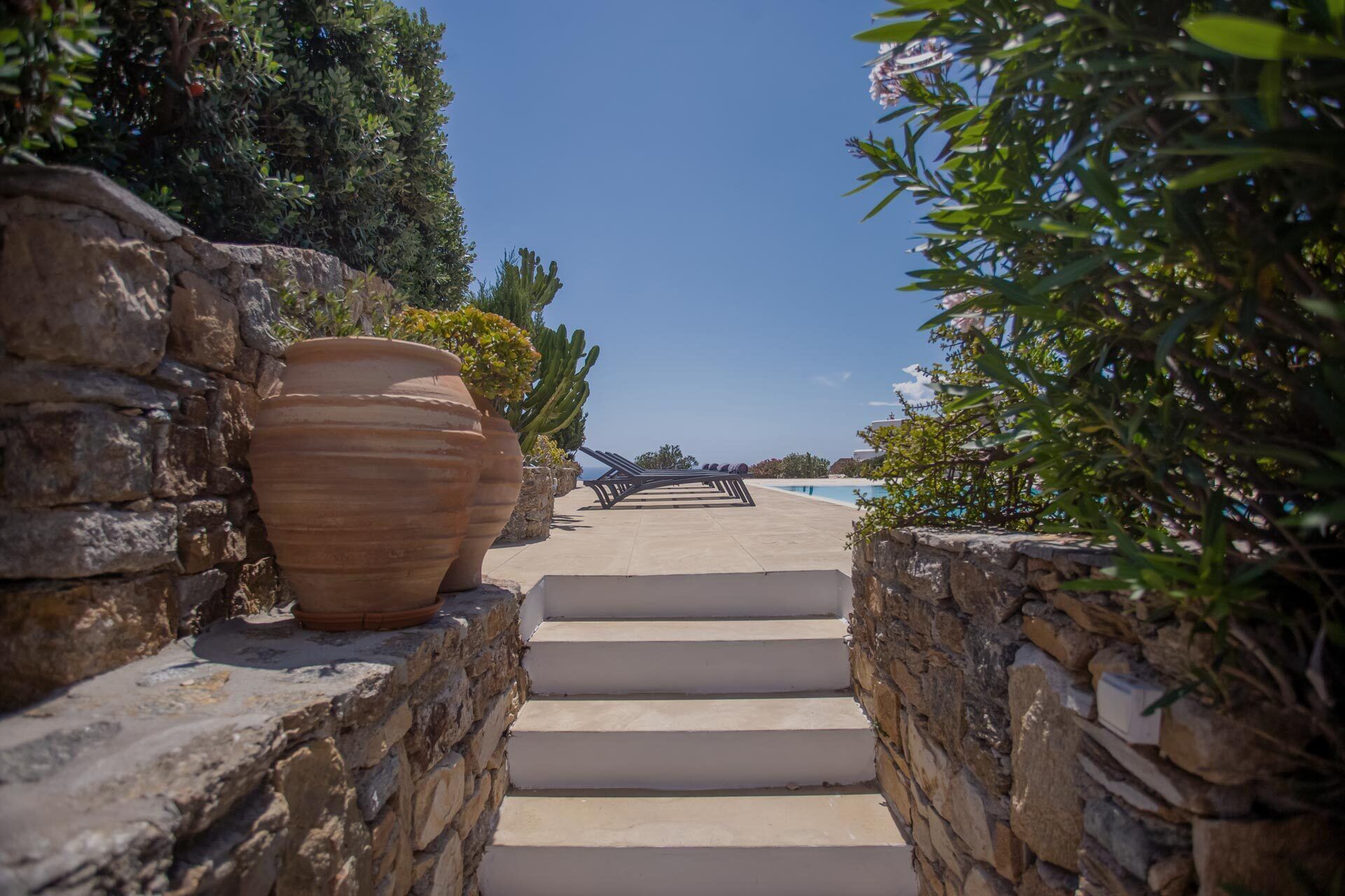A stone pathway leading to a pool area with steps and potted plants.
