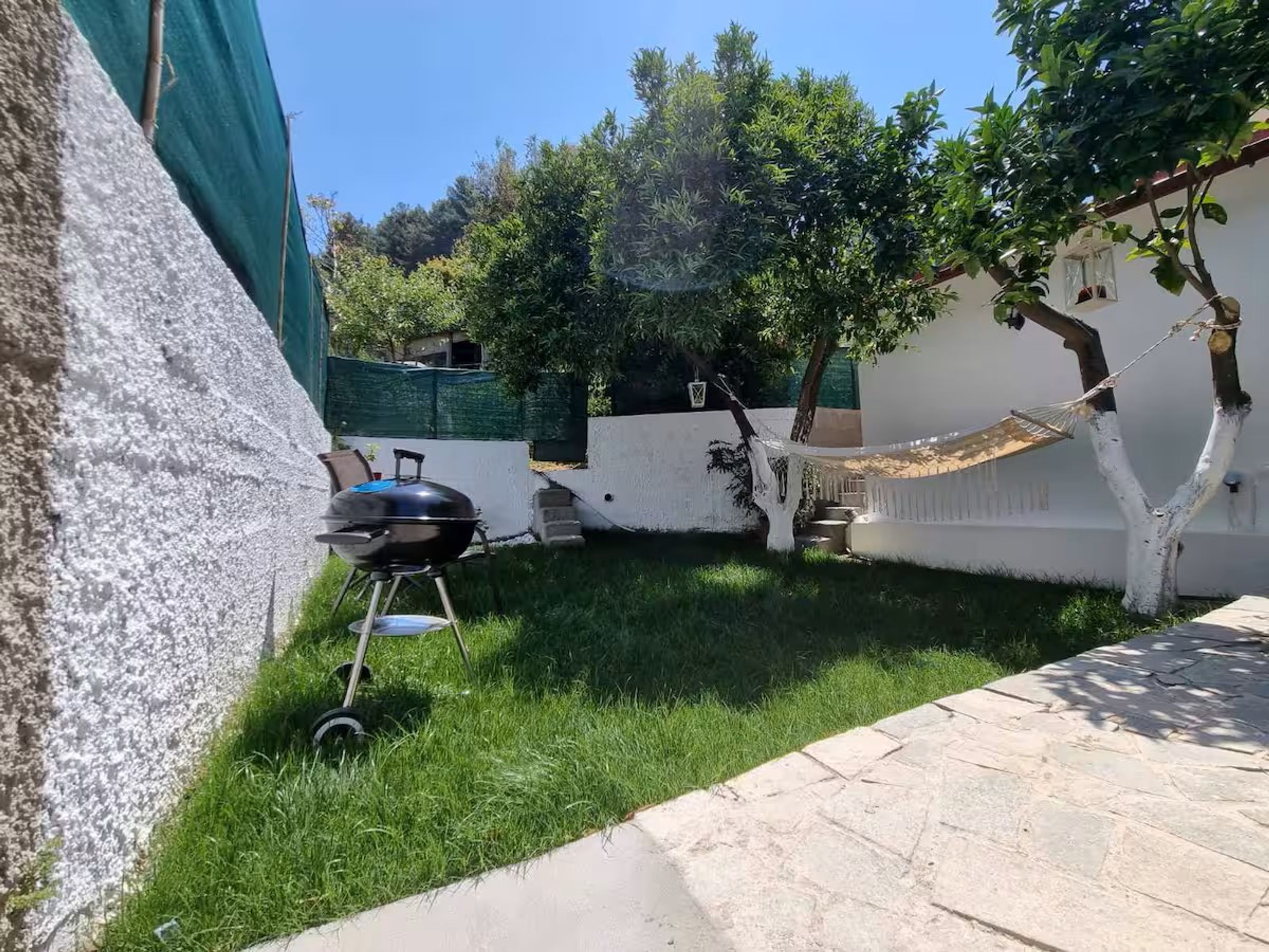 Un patio trasero con una parrilla, una hamaca y un pequeño árbol.