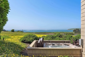 A hot tub with a view of the ocean, surrounded by greenery and a clear sky.