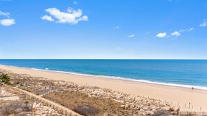A beach with a sandy path and sparse vegetation, leading to the ocean. - Bright Oceanfront Studio | Sleeps 4 w/ Pool Access (Ocean City)