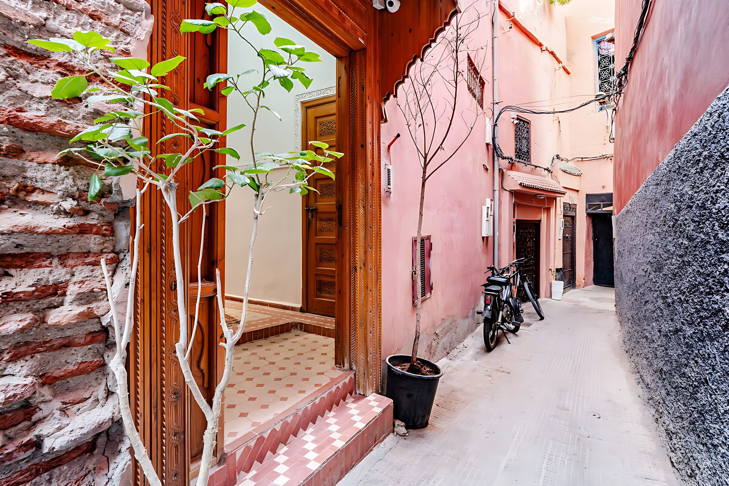 A narrow alleyway with a wooden door, a potted plant, and a motorcycle parked on the right.
