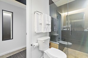 Secadora de cabello, toallas, jabón, papel de baño